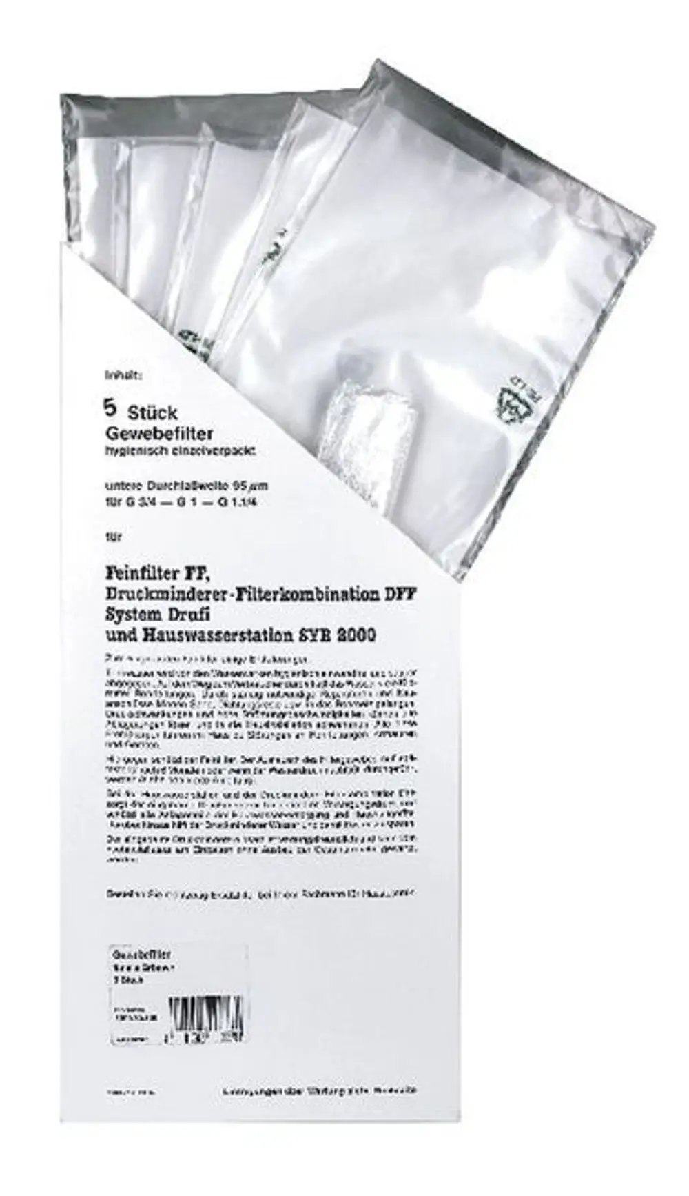 Verpackung mit fünf Gewebefiltern von Syr. Die Filter sind hygienisch einzeln verpackt und für spezielle Filter- und Druckminderersysteme geeignet.